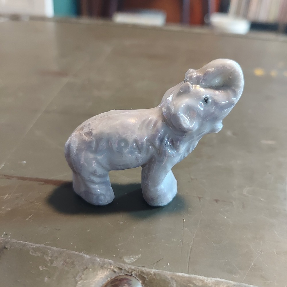 Vintage Japan Miniature Elephant Figurine Iridescent Ceramic Trunk Up Good Luck